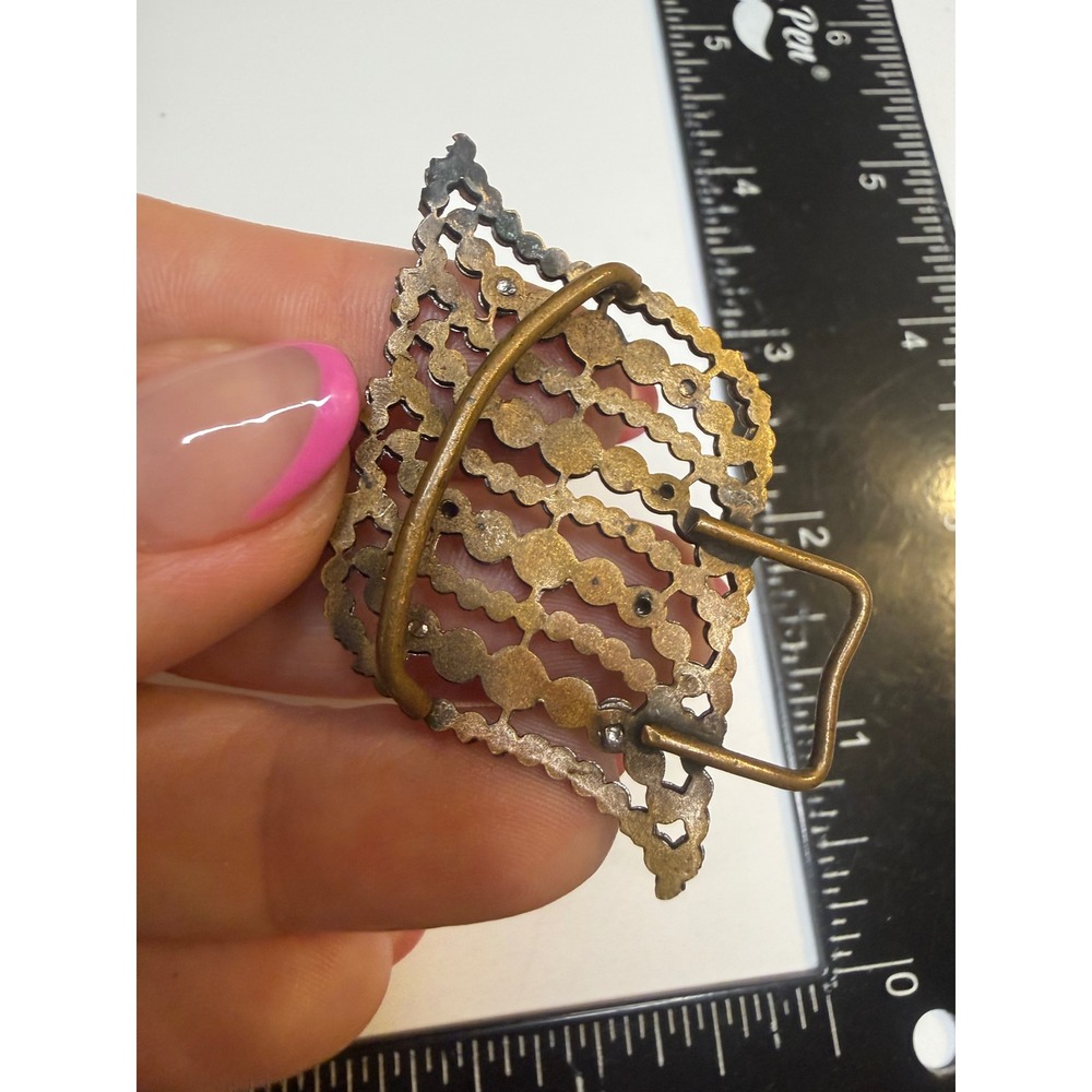 Antique Steel Cut Leaf Belt Buckle Ornate Faceted Metal Openwork Brass Tone 2in